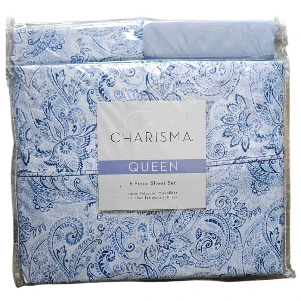 Charisma Queen 6 Piece UNBOXED Sheet Set Blue White Bed Sheets Paisley NEW